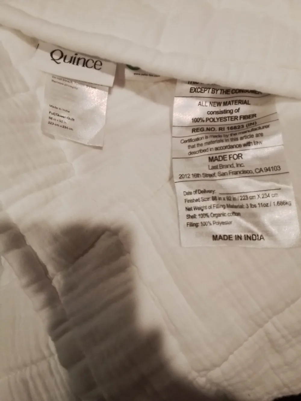 Quince Organic Cotton Gauze Box Quilt - Full/Queen - White